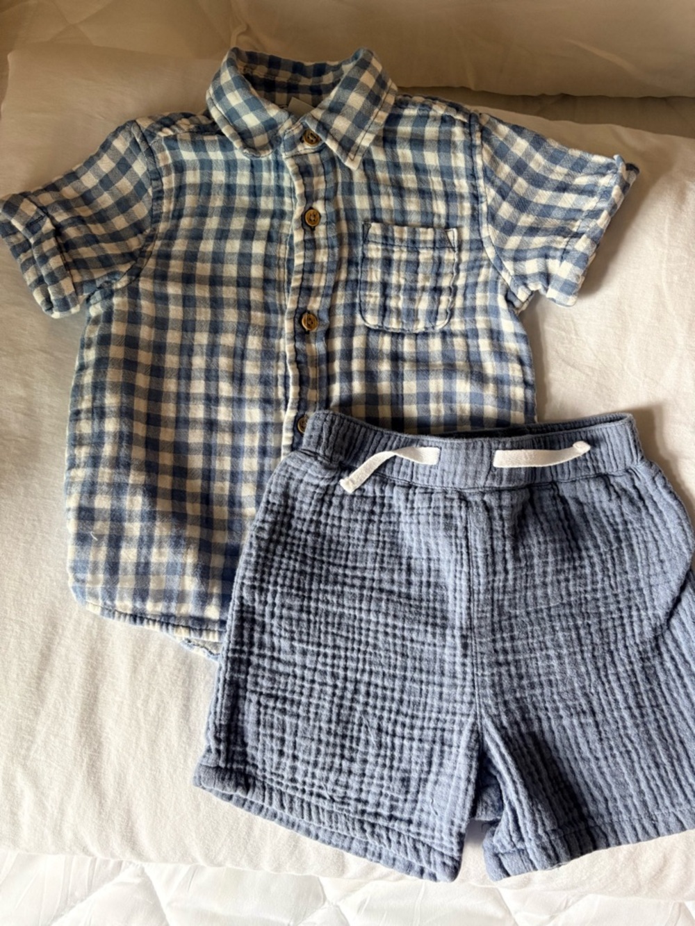 Little Me Blue and White Gingham Shirt with Blue Shorts Matching Set